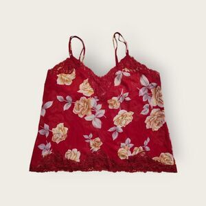 VTG Y2k Victoria's Secret red floral sheer lace trim cropped camisole tank top M